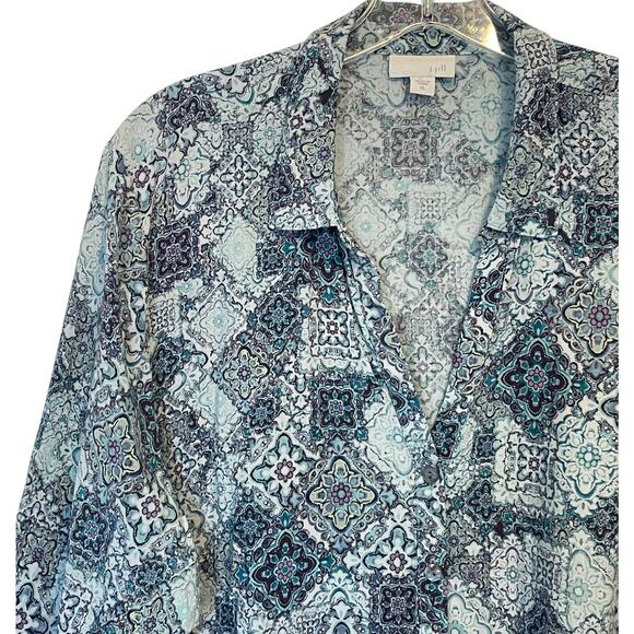 J. Jill Medallion Border Tunic Womens XL Blue Purple Long Sleeve Button Top - Picture 2 of 7